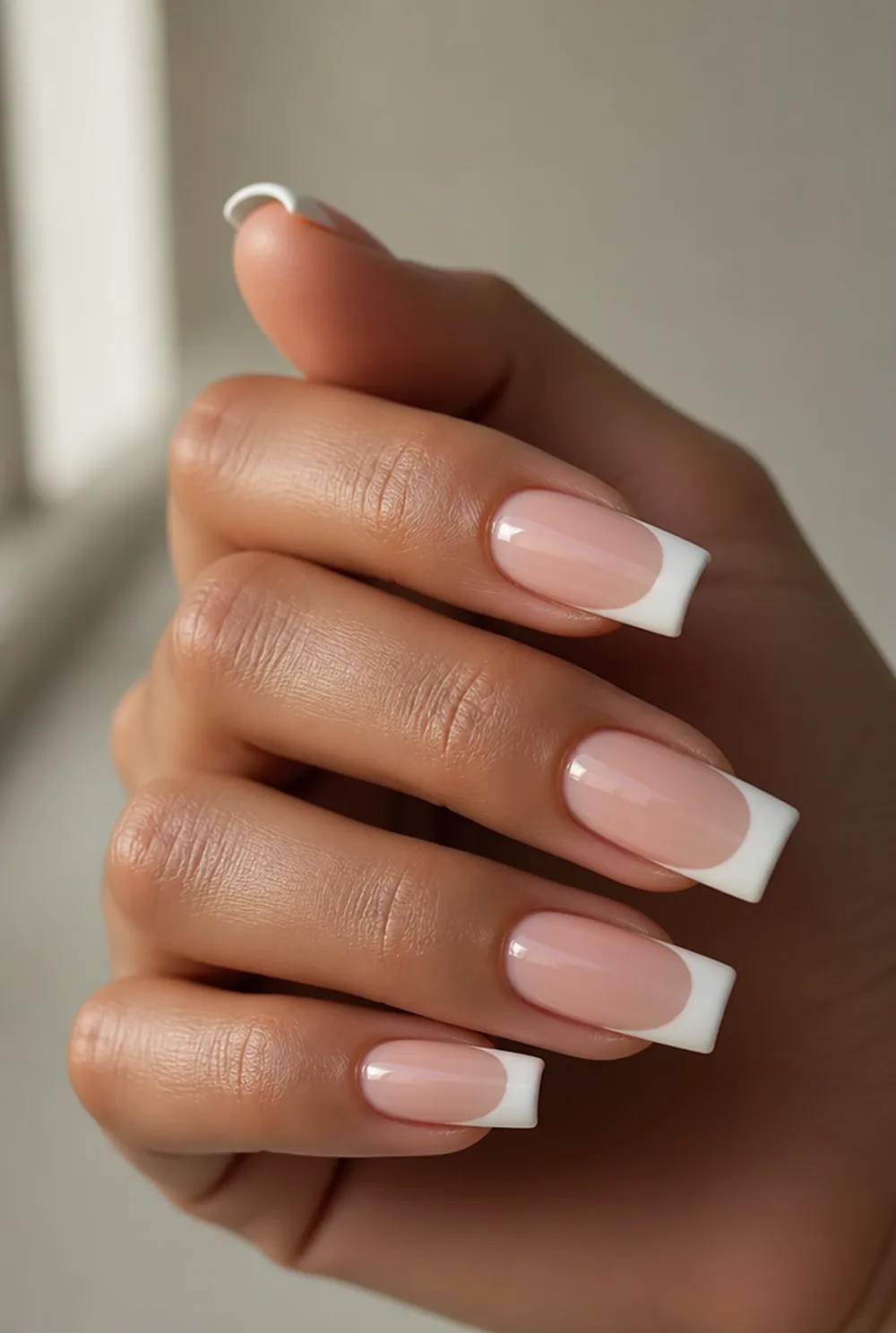 square french tips nail art on olive skin, long length