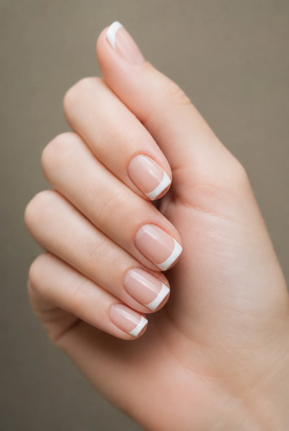 square french tips nail art on fair skin, short length