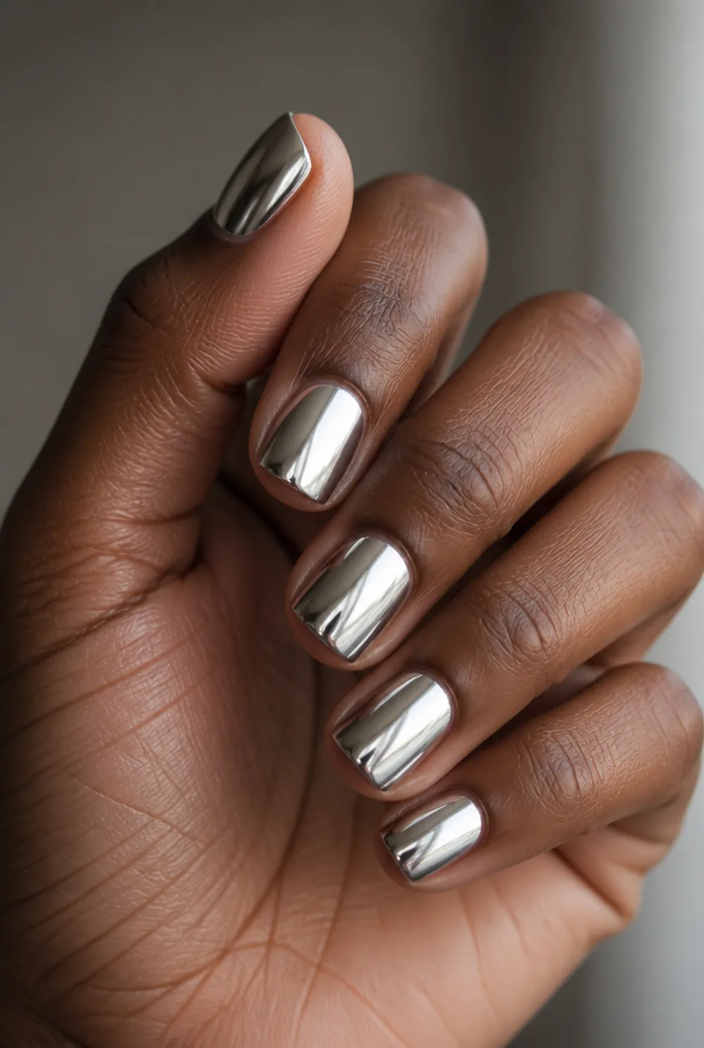 chrome square nail art on deep brown skin