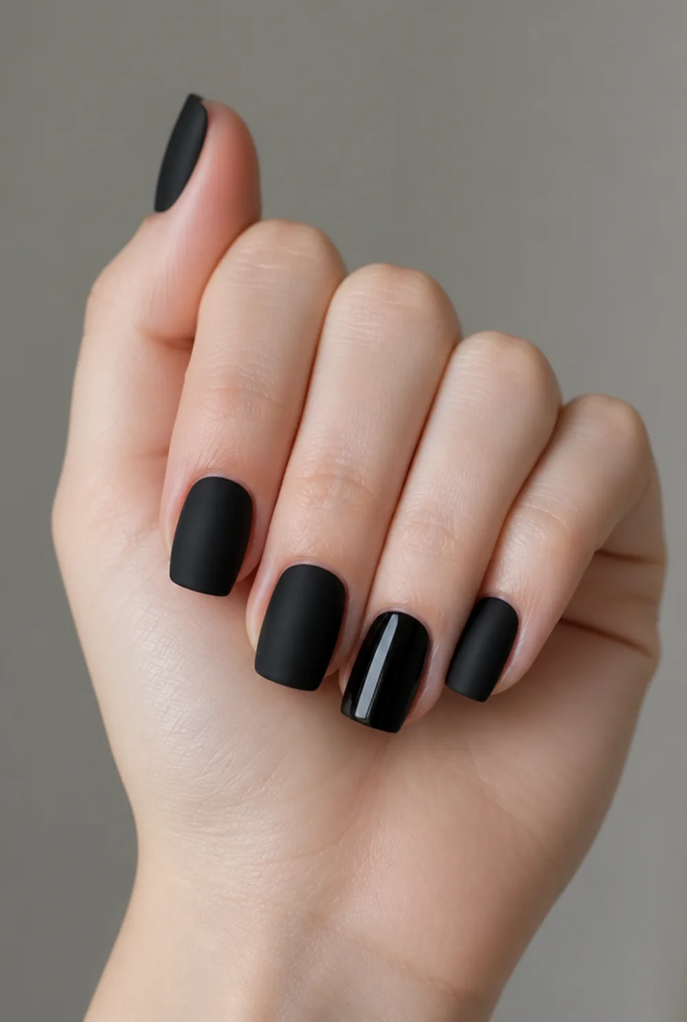black matte square nail art on fair skin, short length