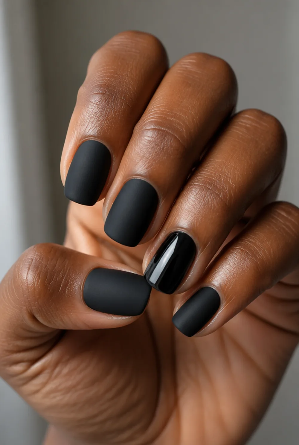black matte square nail art on deep brown skin