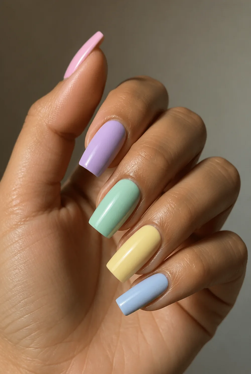 pastel skittle square nail art on olive skin, long length