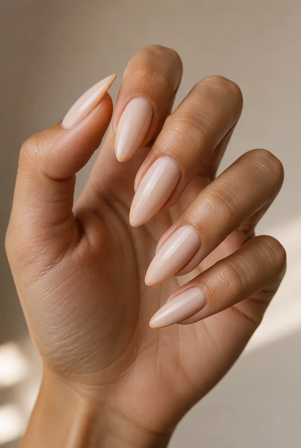 butterscotch micro french nail art on olive skin long length - PolishedAndPrettyNails.com butterscotch micro french nail art on olive skin, long length