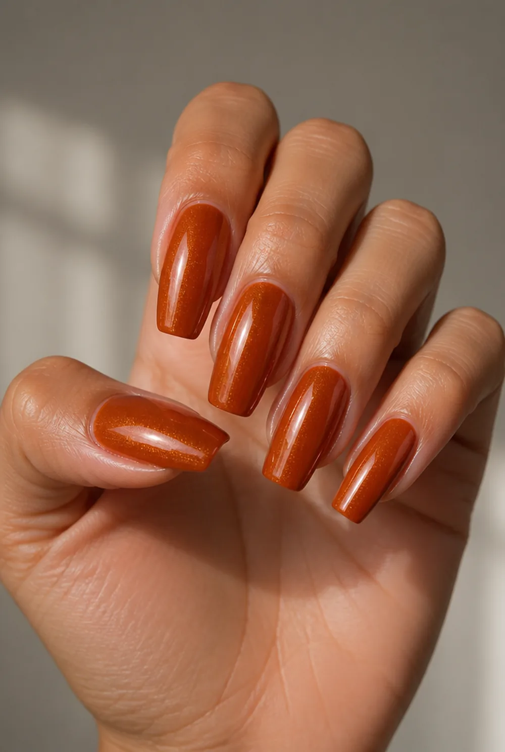 pumpkin spice shimmer nail art on olive skin long length - PolishedAndPrettyNails.com pumpkin spice shimmer nail art on olive skin, long length