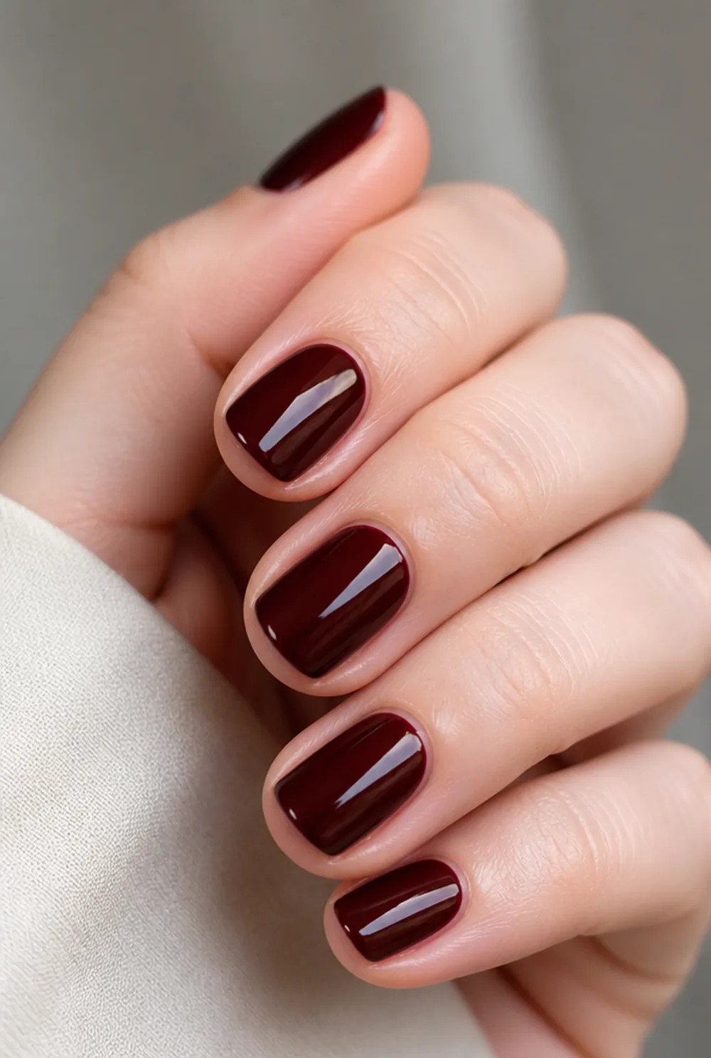 chocolate cherry gloss nail art on fair skin short length - PolishedAndPrettyNails.com chocolate cherry gloss nail art on fair skin, short length