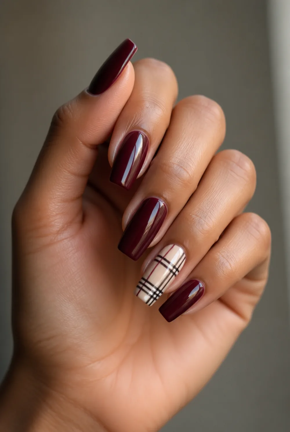 flannel accent nail nail art on olive skin long length - PolishedAndPrettyNails.com flannel accent nail nail art on olive skin, long length