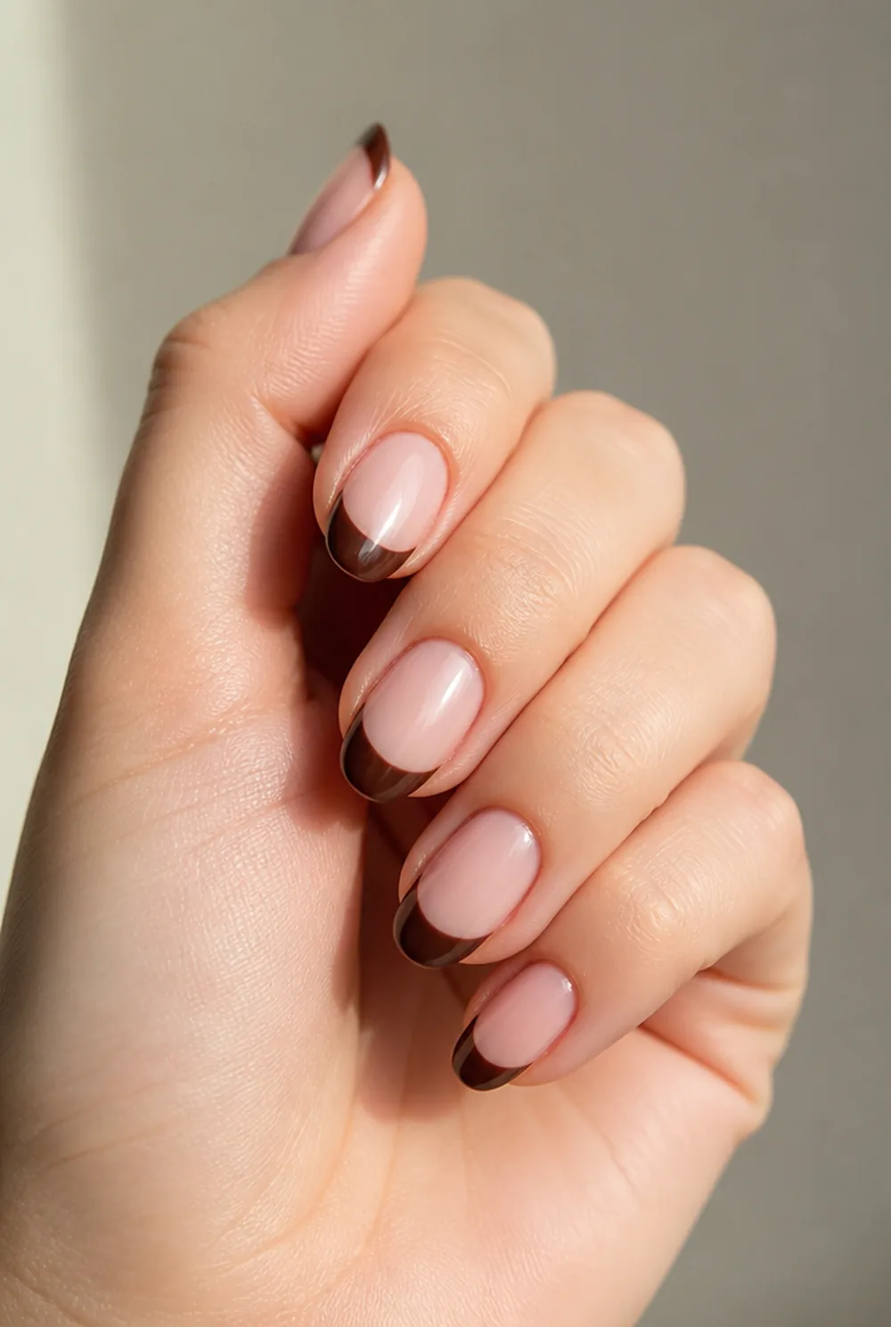 espresso french on almond nail art on fair skin short length - PolishedAndPrettyNails.com espresso french on almond nail art on fair skin, short length