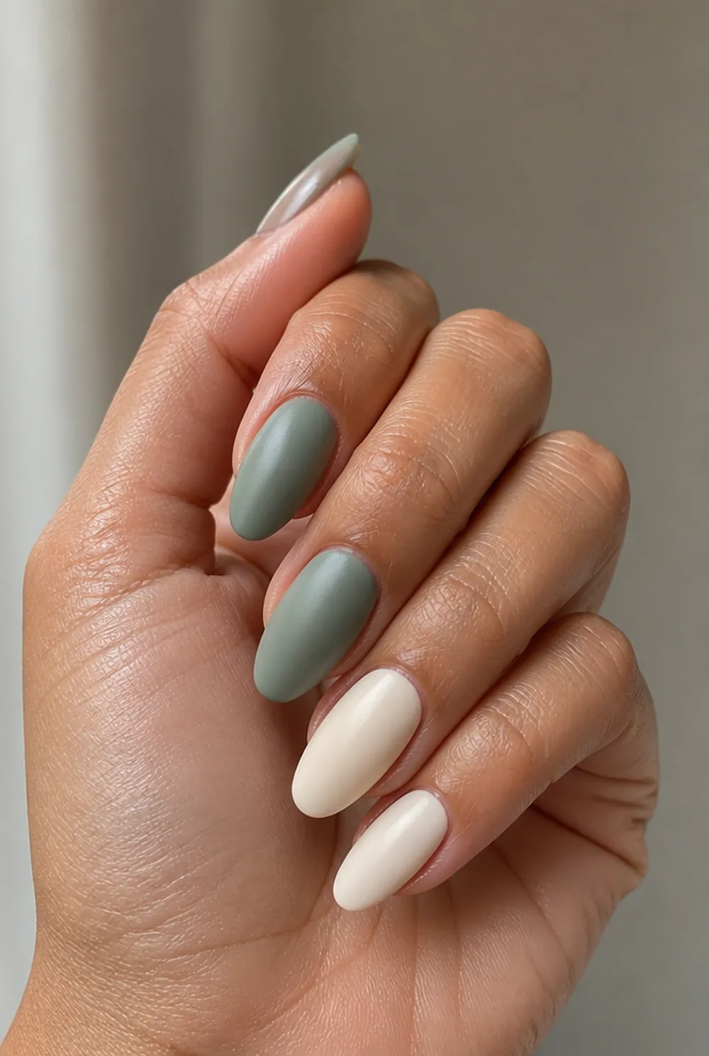 sage and cream nail art on olive skin long length - PolishedAndPrettyNails.com sage and cream nail art on olive skin, long length