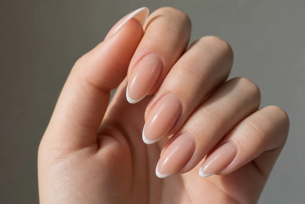 almond French tip nails with curved smile line