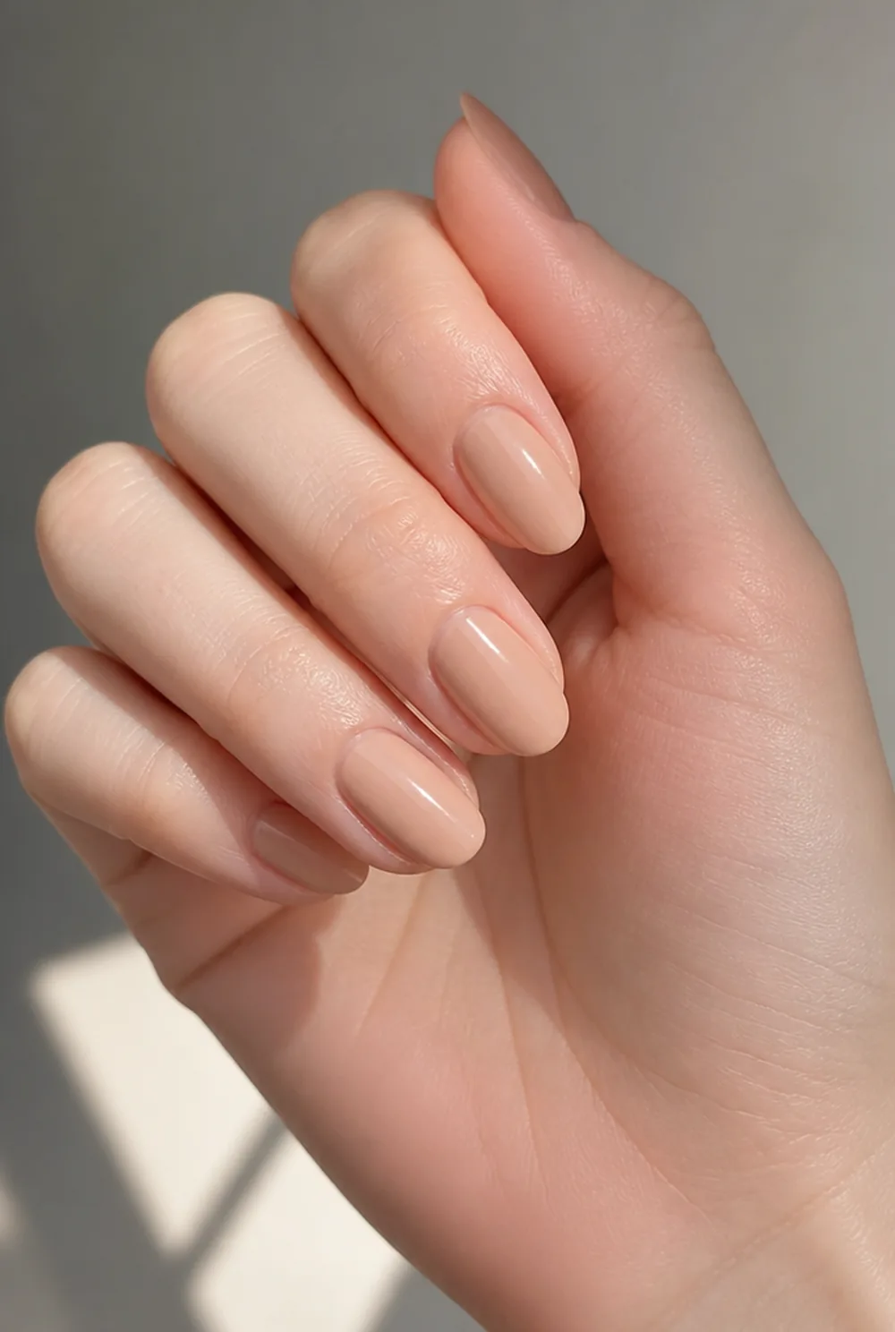 long nude almond nail art on fair skin, short length