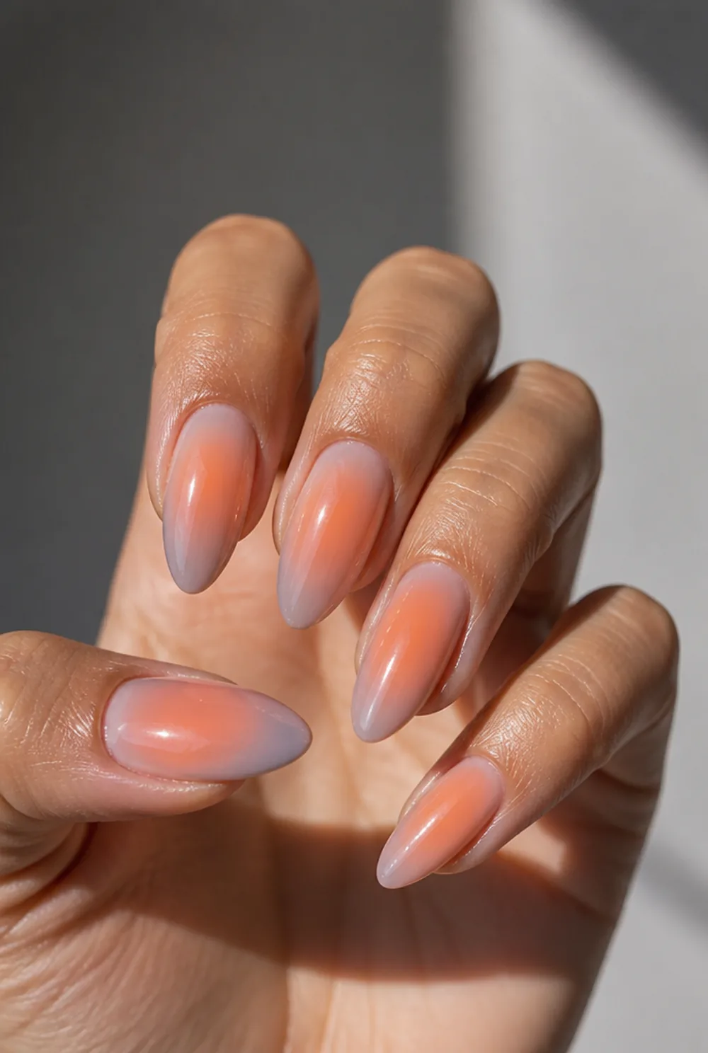 almond aura nail art on olive skin, long length