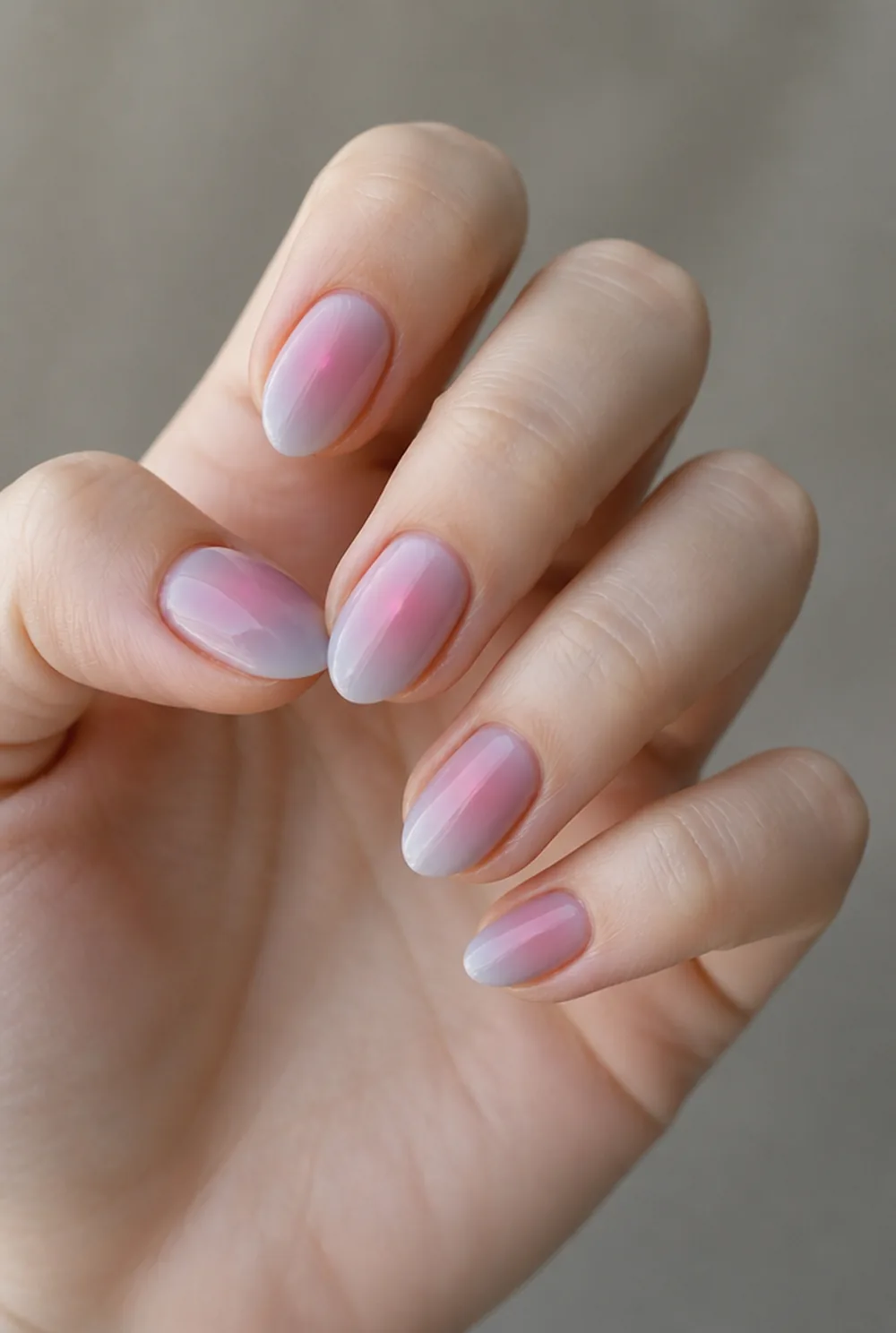 almond aura nail art on fair skin, short length
