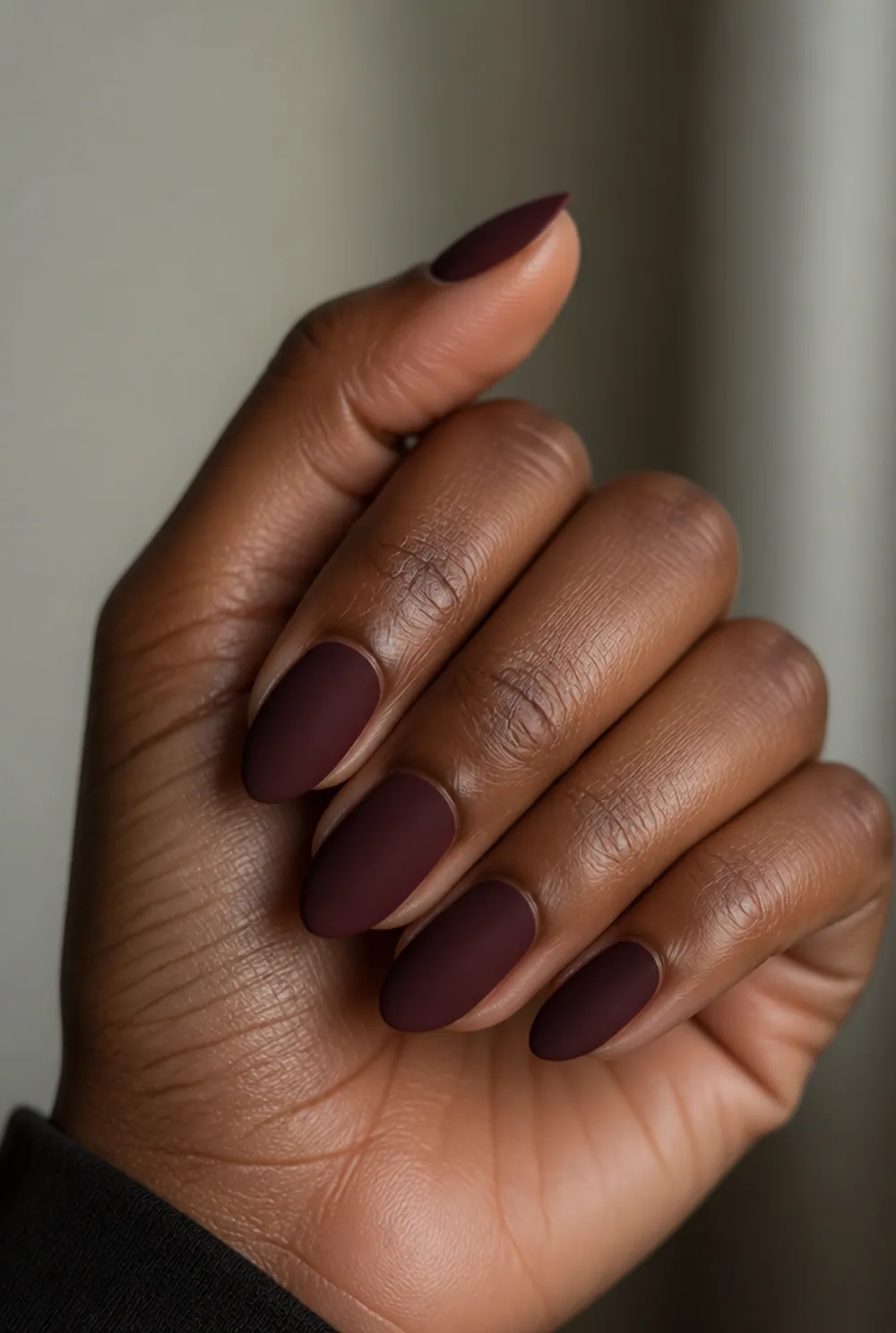 almond velvet matte nail art on deep brown skin