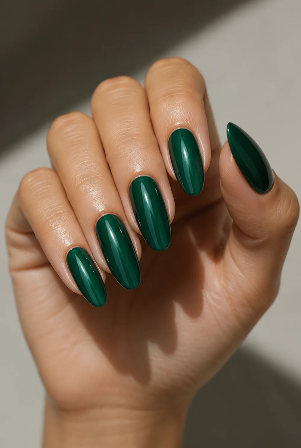 emerald almond nail art on olive skin, long length