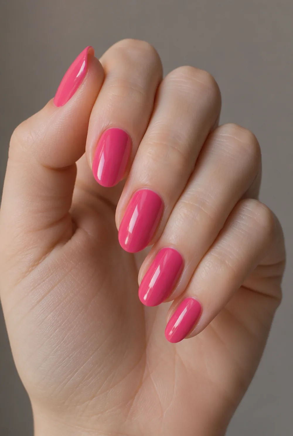 hot pink almond nail art on fair skin, short length