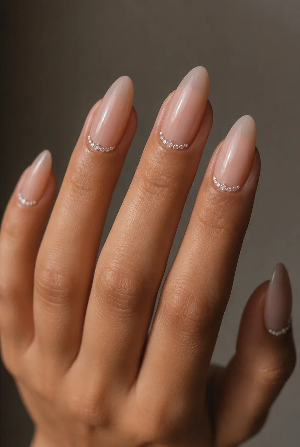 almond with rhinestone cuff nail art on olive skin, long length