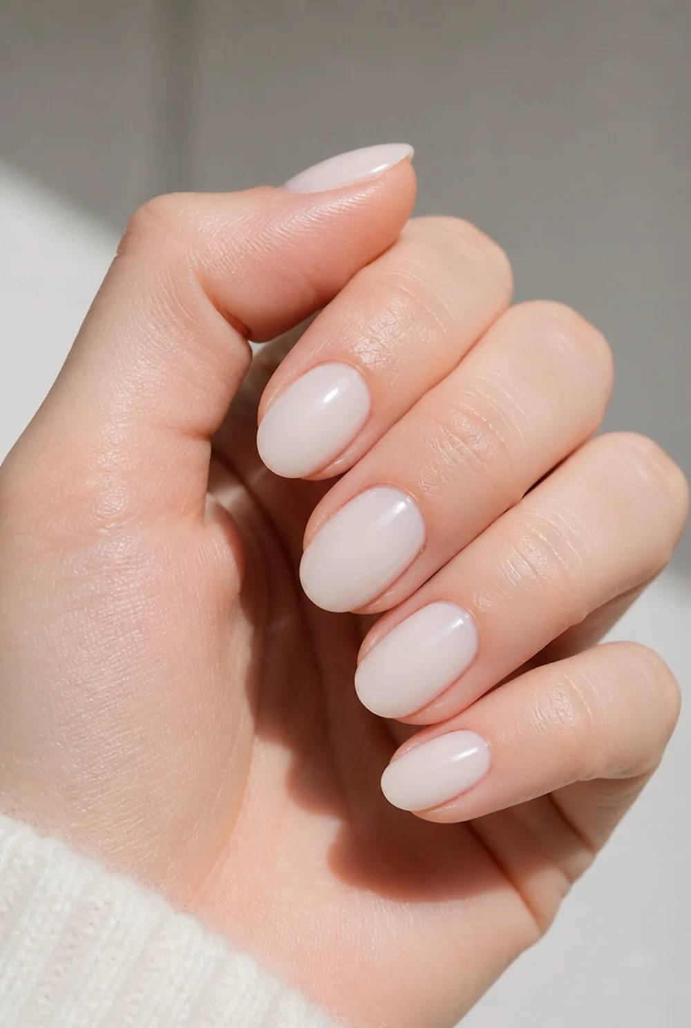 short almond milky white nail art on fair skin, short length