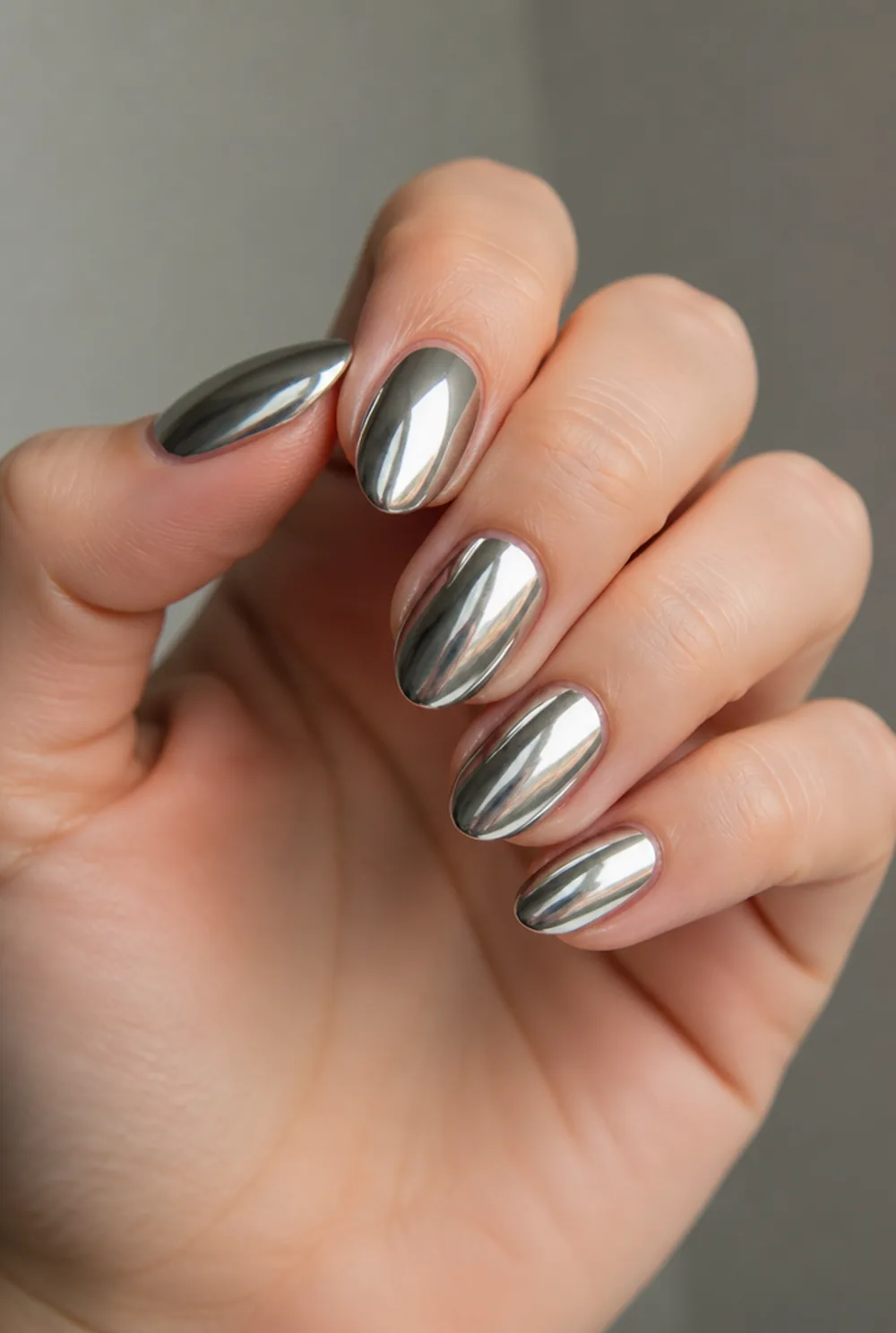 almond chrome nail art on fair skin, short length