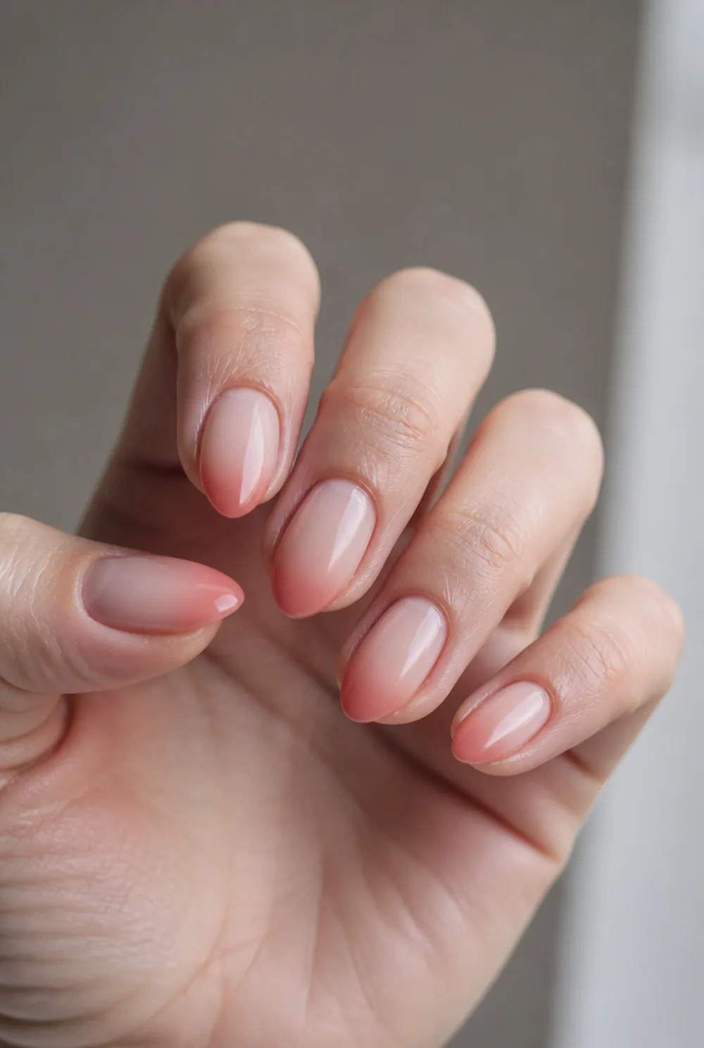 almond ombre fade nail art on fair skin, short length