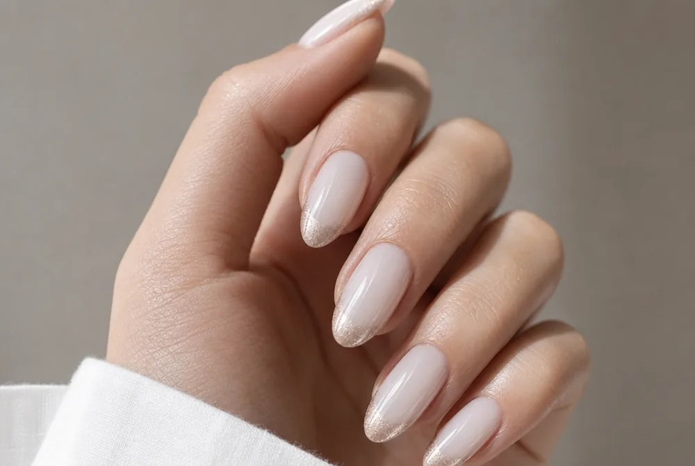 almond nails with chrome tip detail
