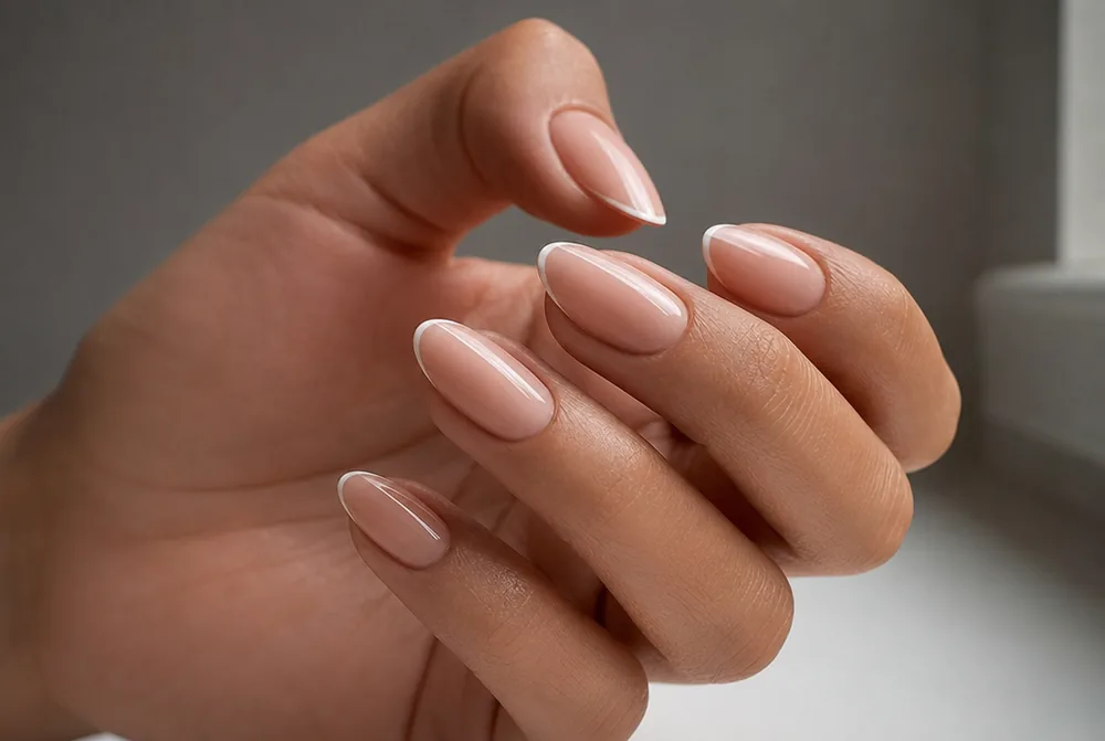 almond nails with micro thin French tip line