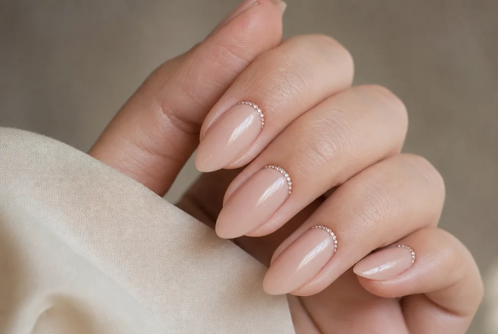 almond nails with rhinestone cuticle detail