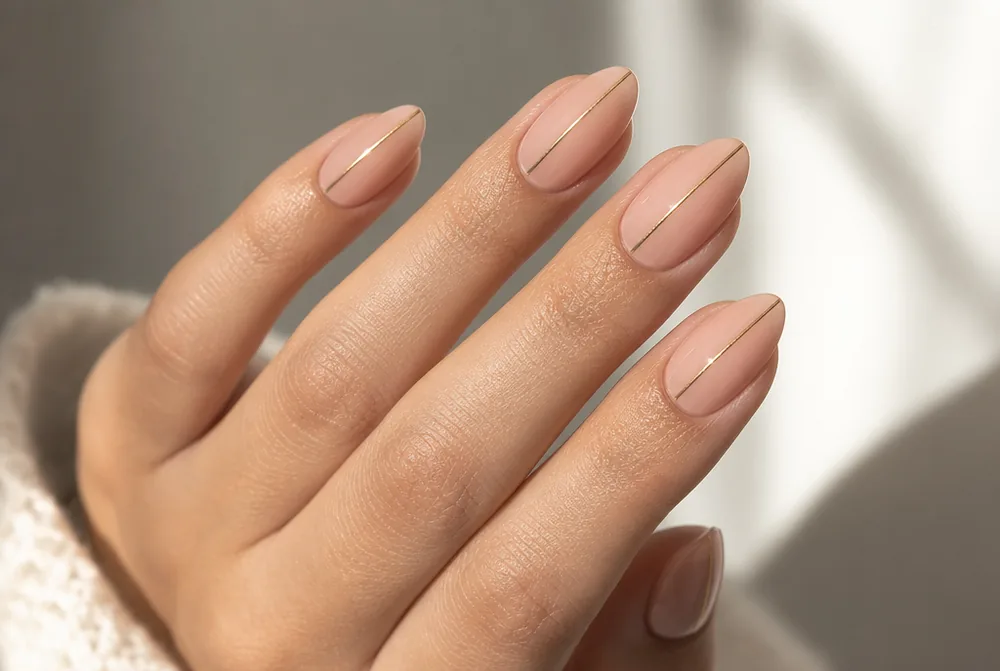 almond nails with thin gold line down the center