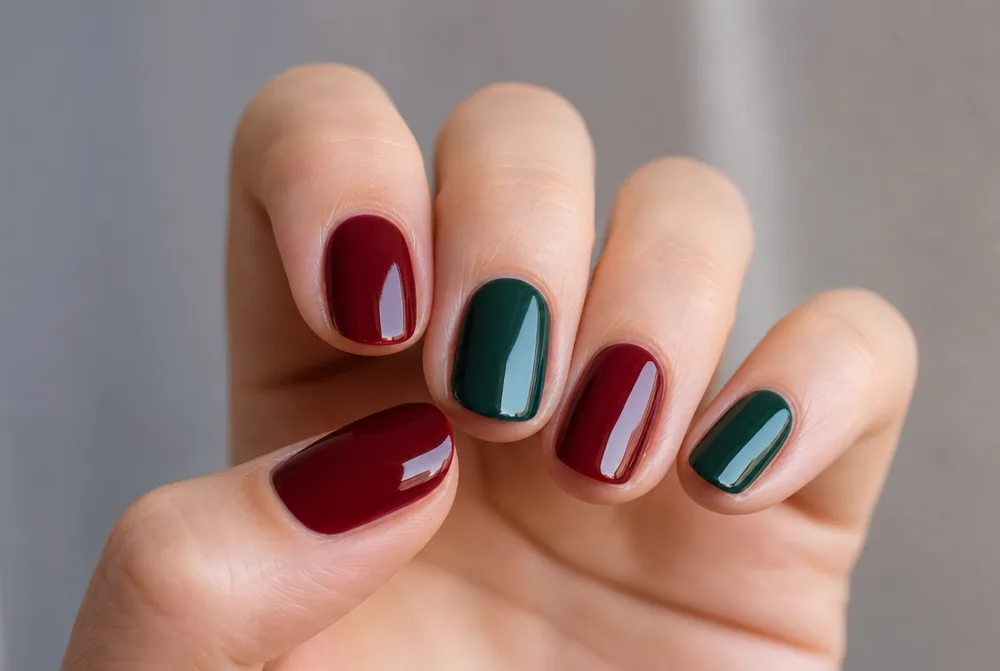 alternating red and green December nails