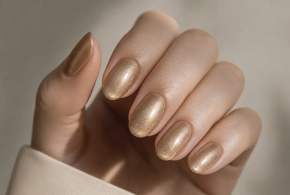 antique gold shimmer nails on short almond nails