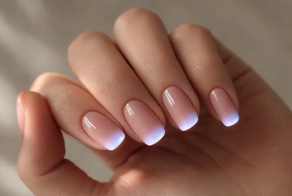 aura French nails with blurred glow at the tips