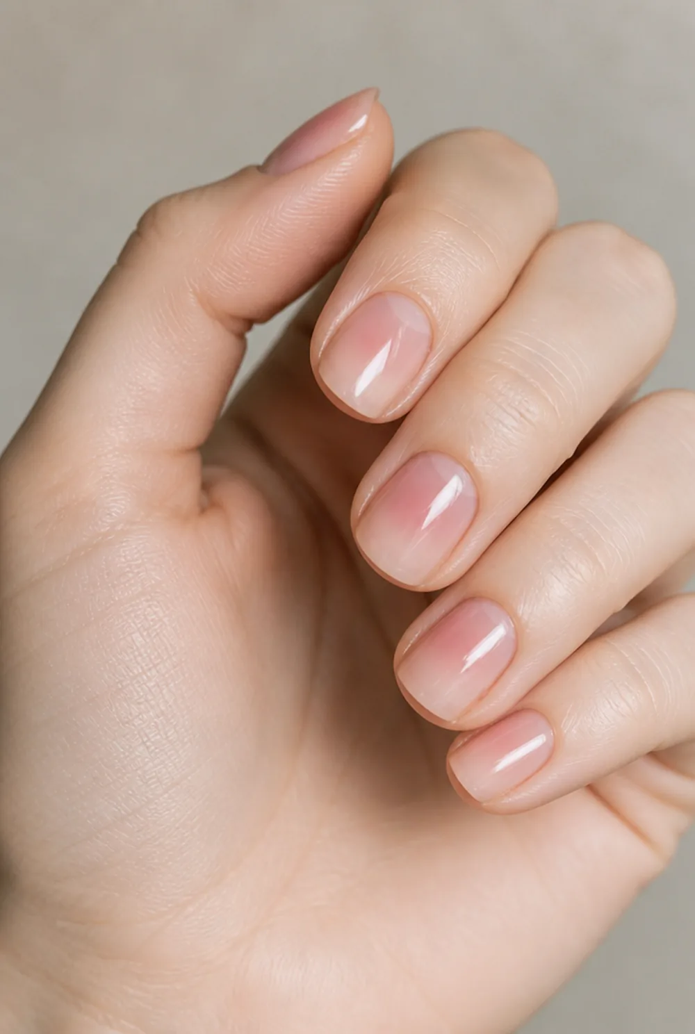 pink aura on nude nail art on fair skin, short length