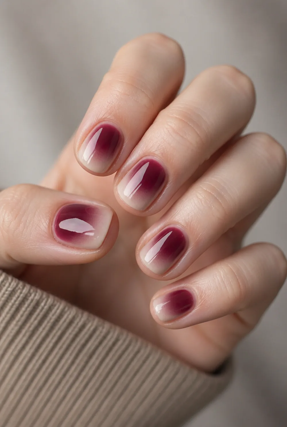 burgundy aura nail art on fair skin, short length
