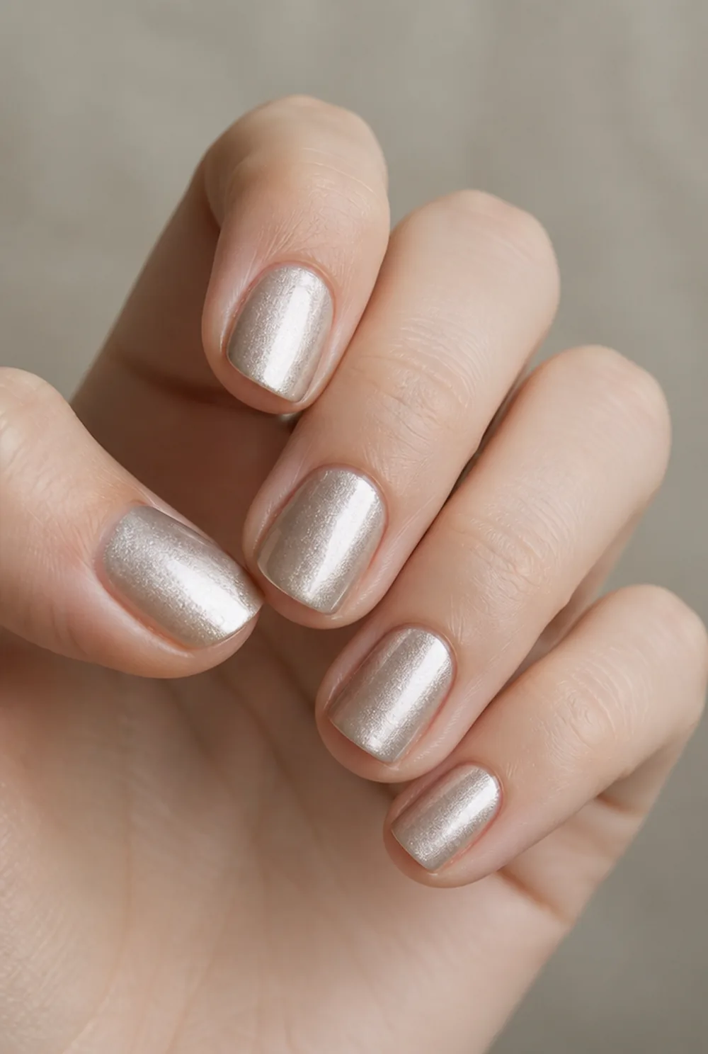 silver aura nail art on fair skin, short length