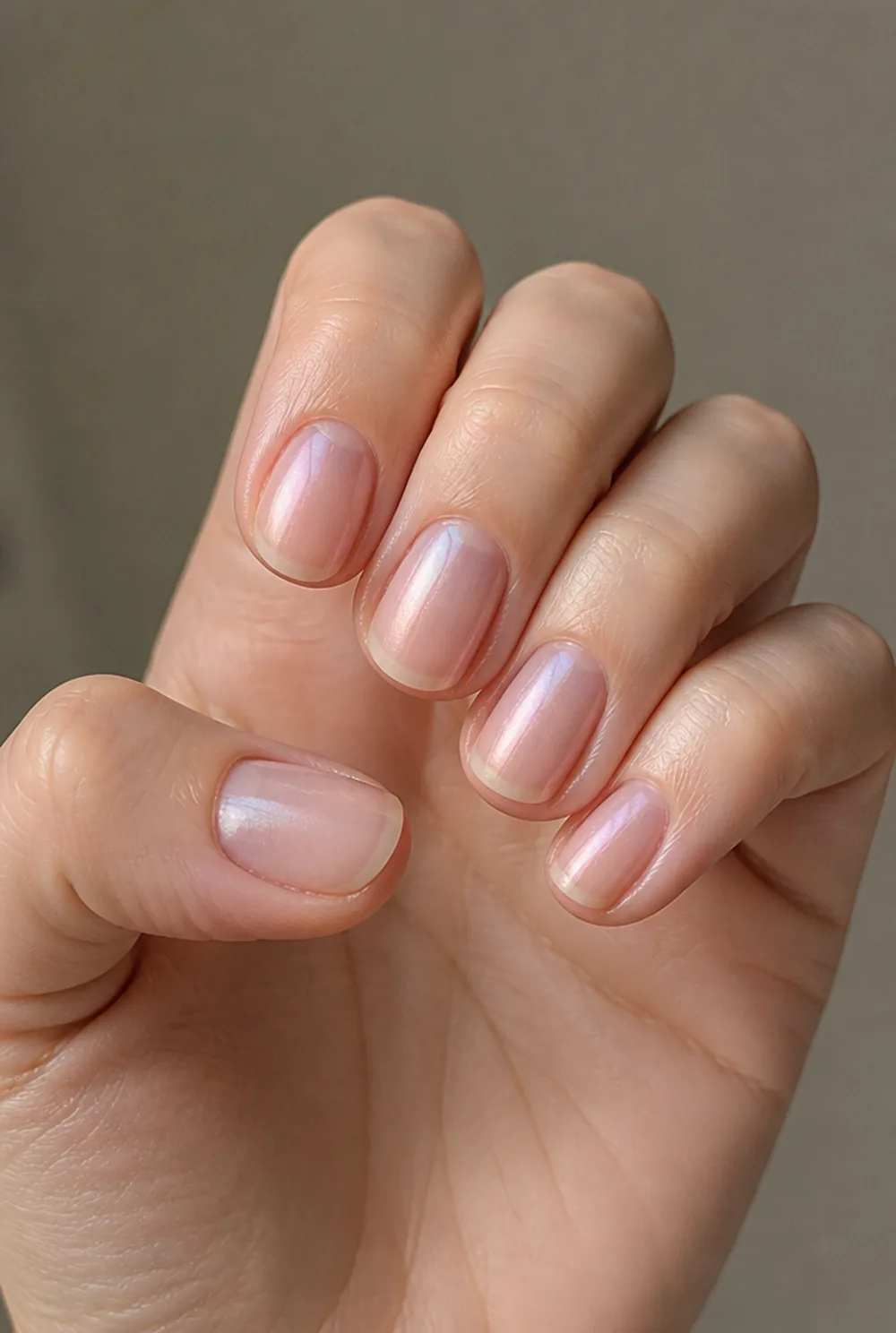 aura on sheer nail art on fair skin, short length
