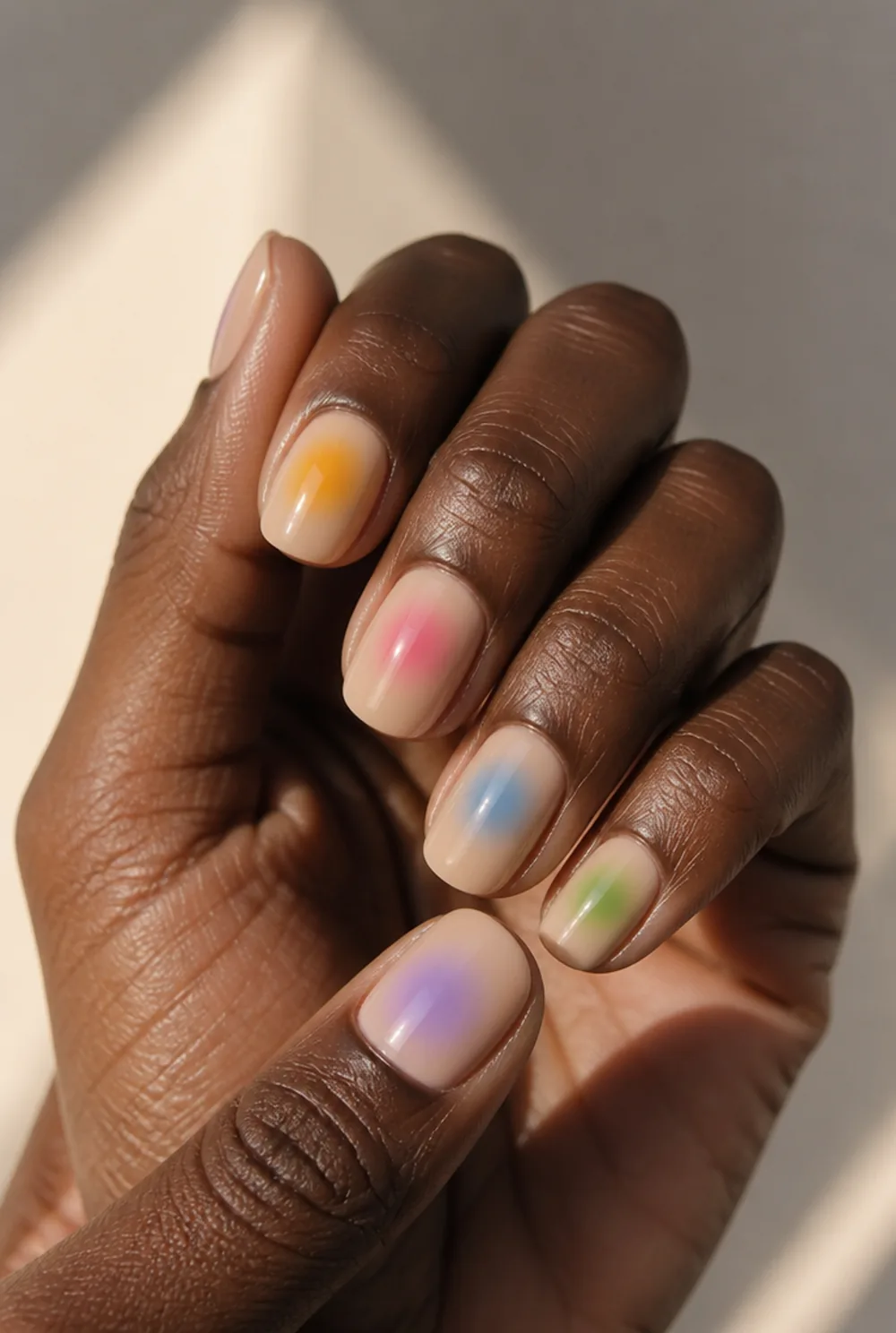 aura skittle set nail art on deep brown skin