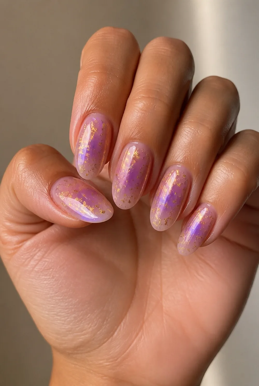 aura with foil flecks nail art on olive skin, long length