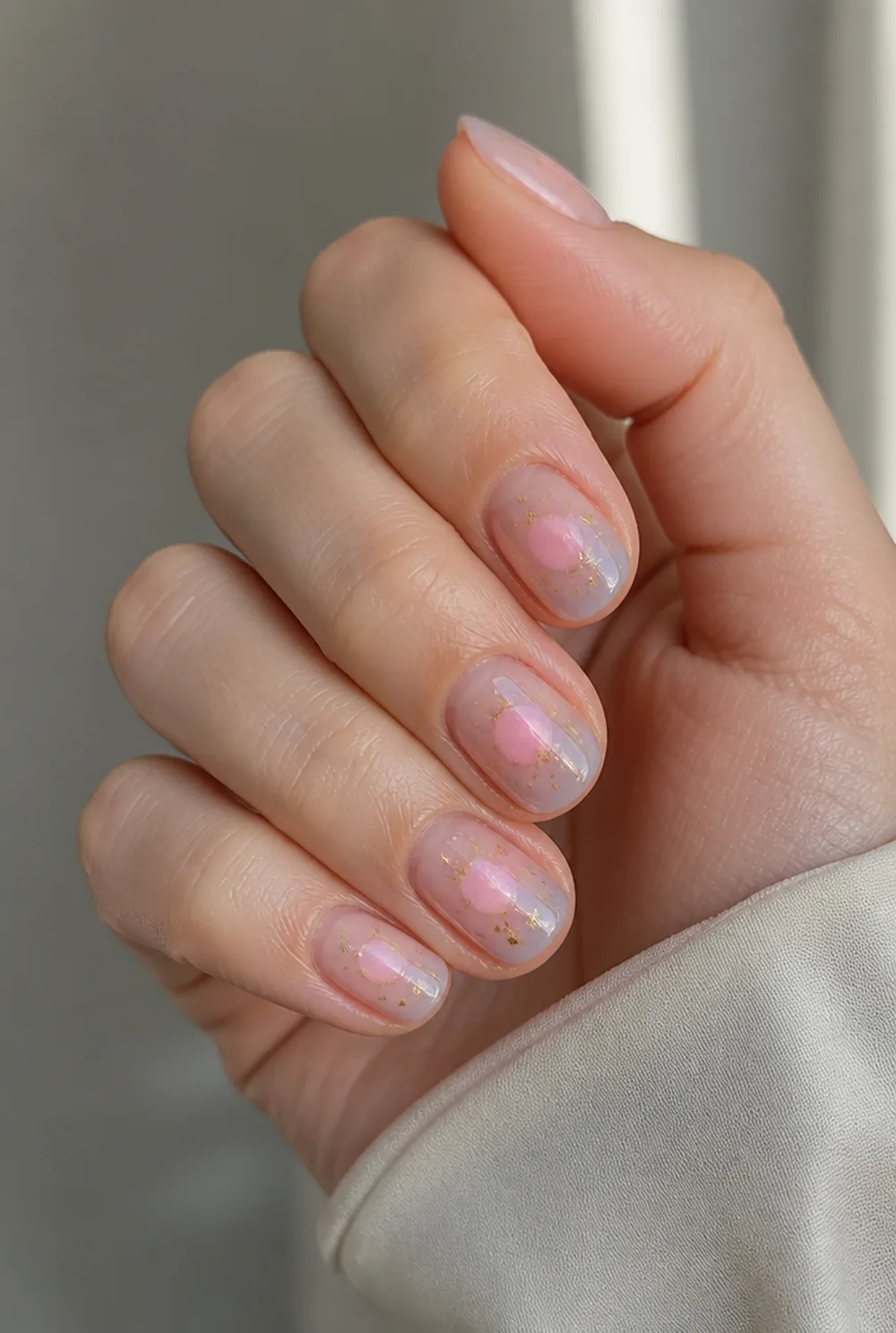 aura with foil flecks nail art on fair skin, short length