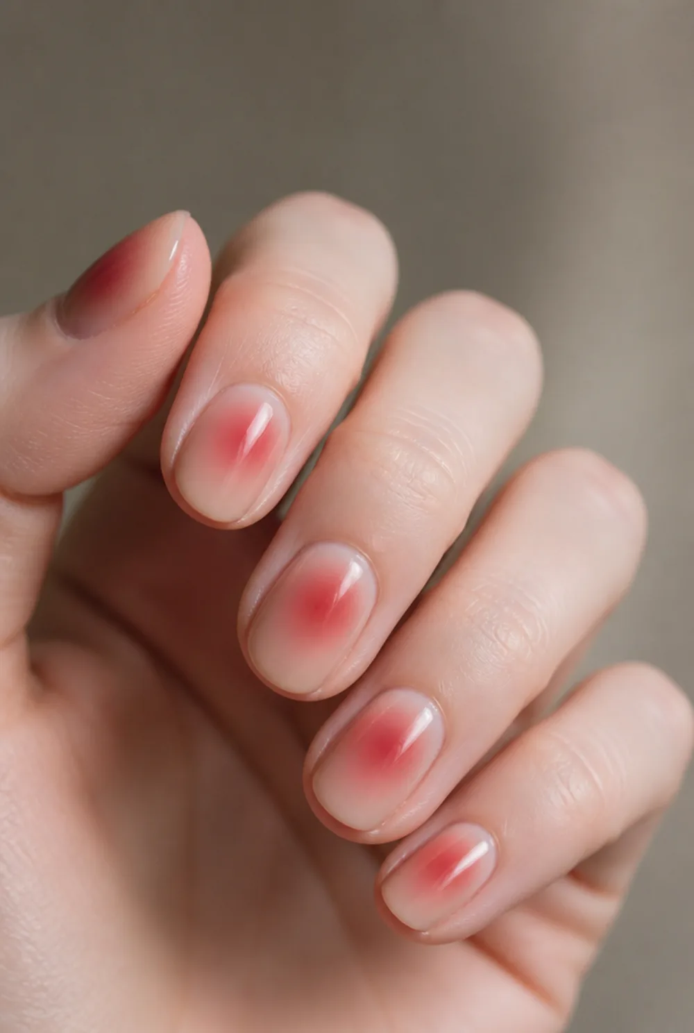 red aura nail art on fair skin, short length