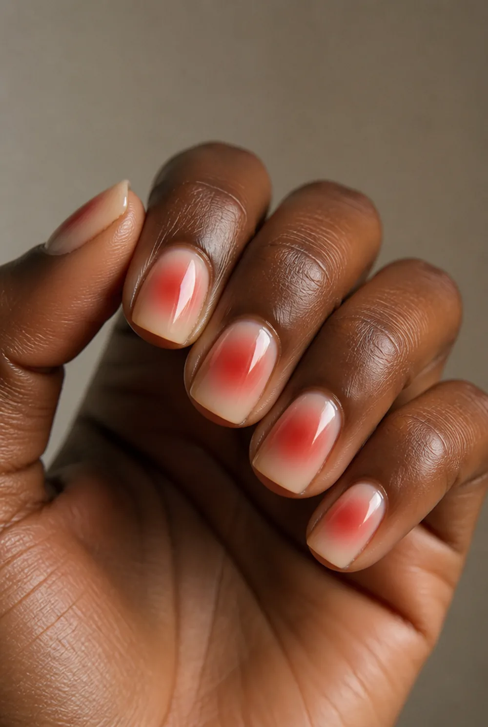 red aura nail art on deep brown skin