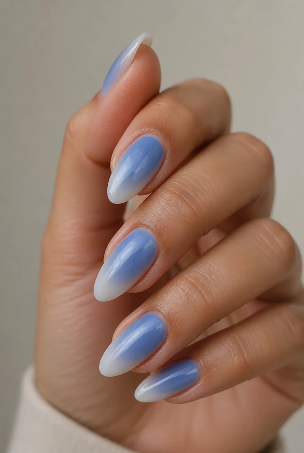 blue aura nail art on olive skin, long length