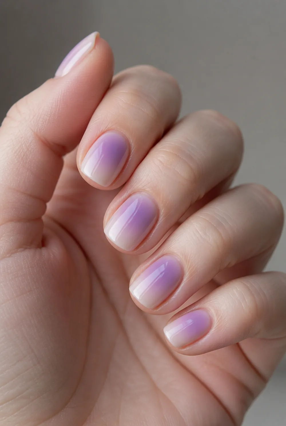 purple aura nail art on fair skin, short length
