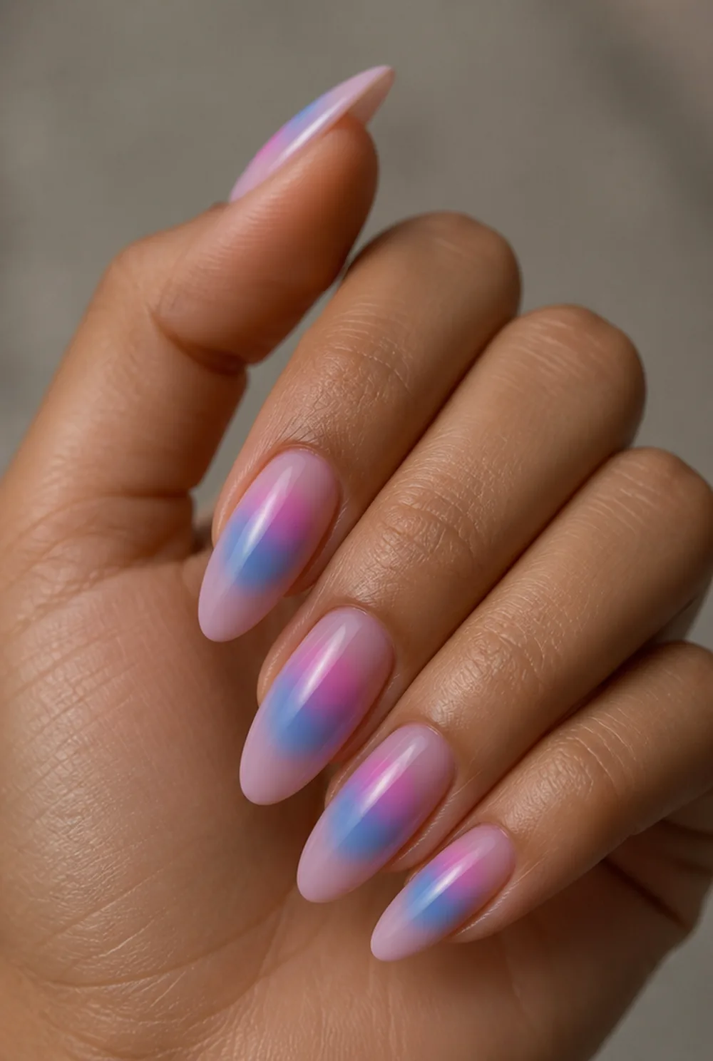 double aura nail art on olive skin, long length