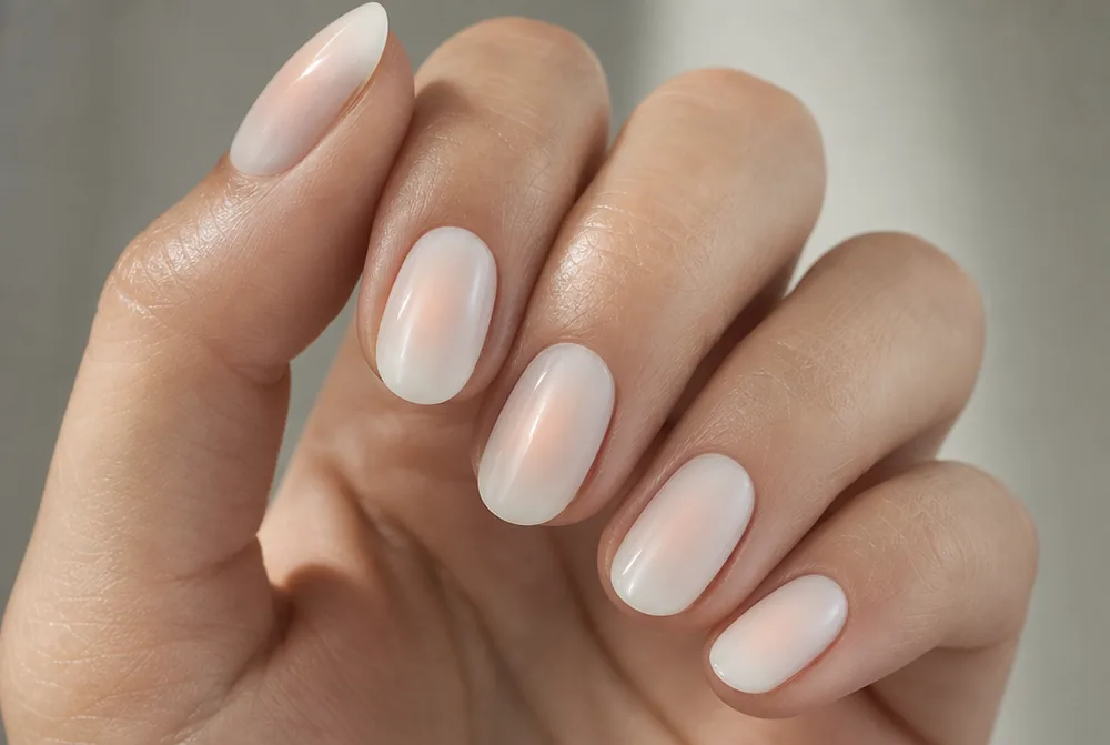 aura nails on milky white base with subtle glow
