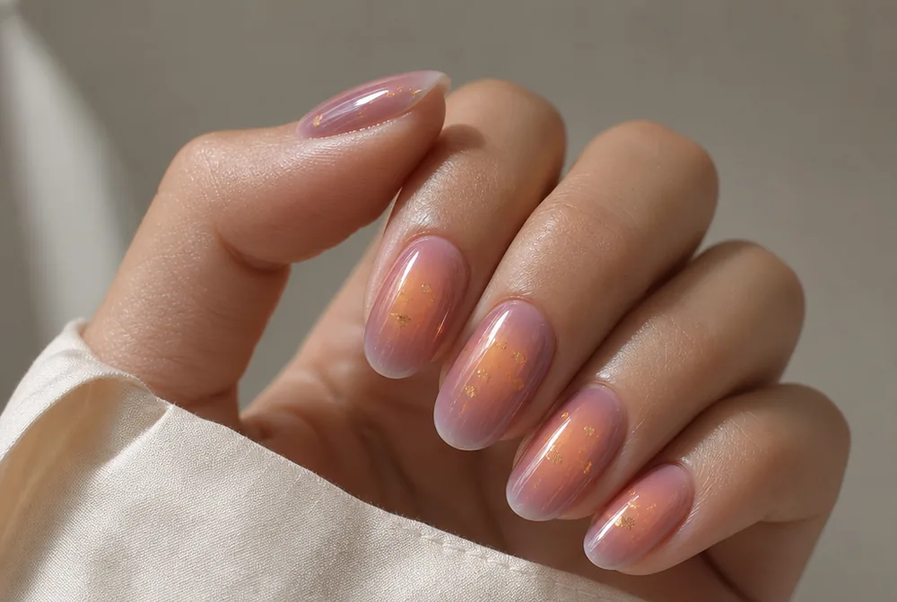 aura nails with gold foil fleck detail