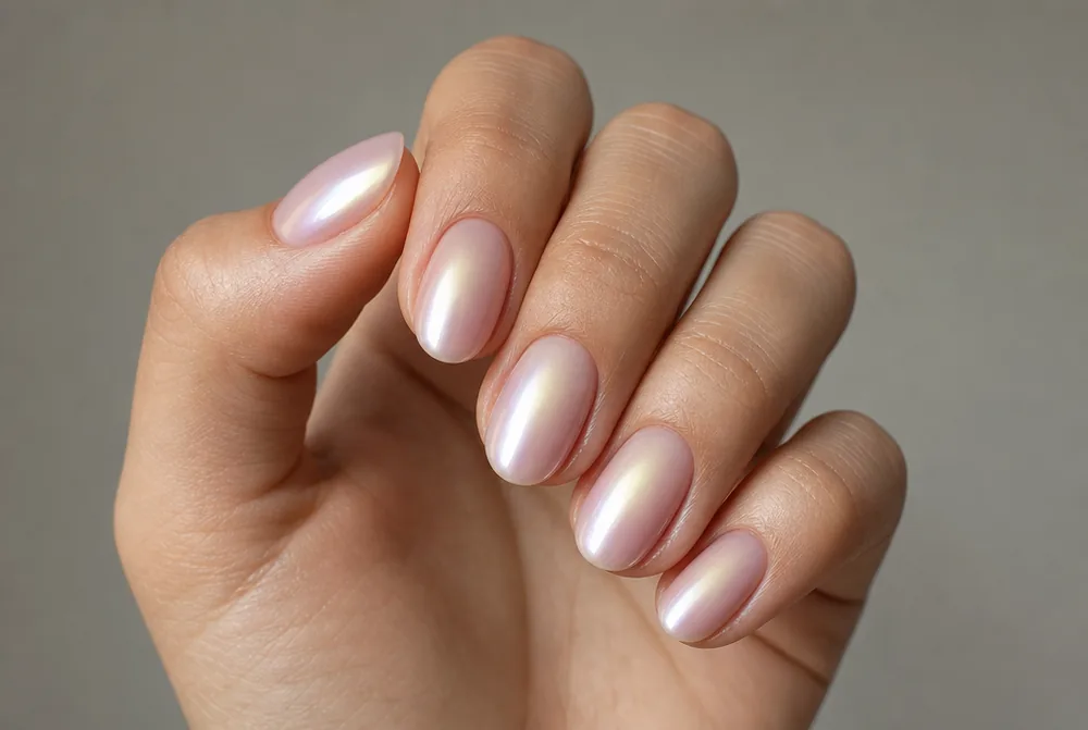 aura nails with pearl chrome overlay finish