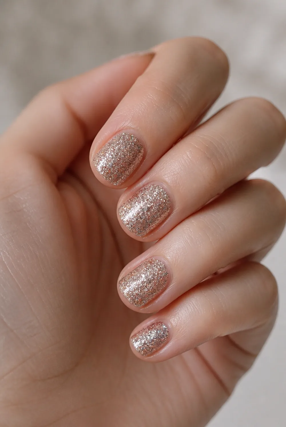 full glitter set nail art on fair skin, short length