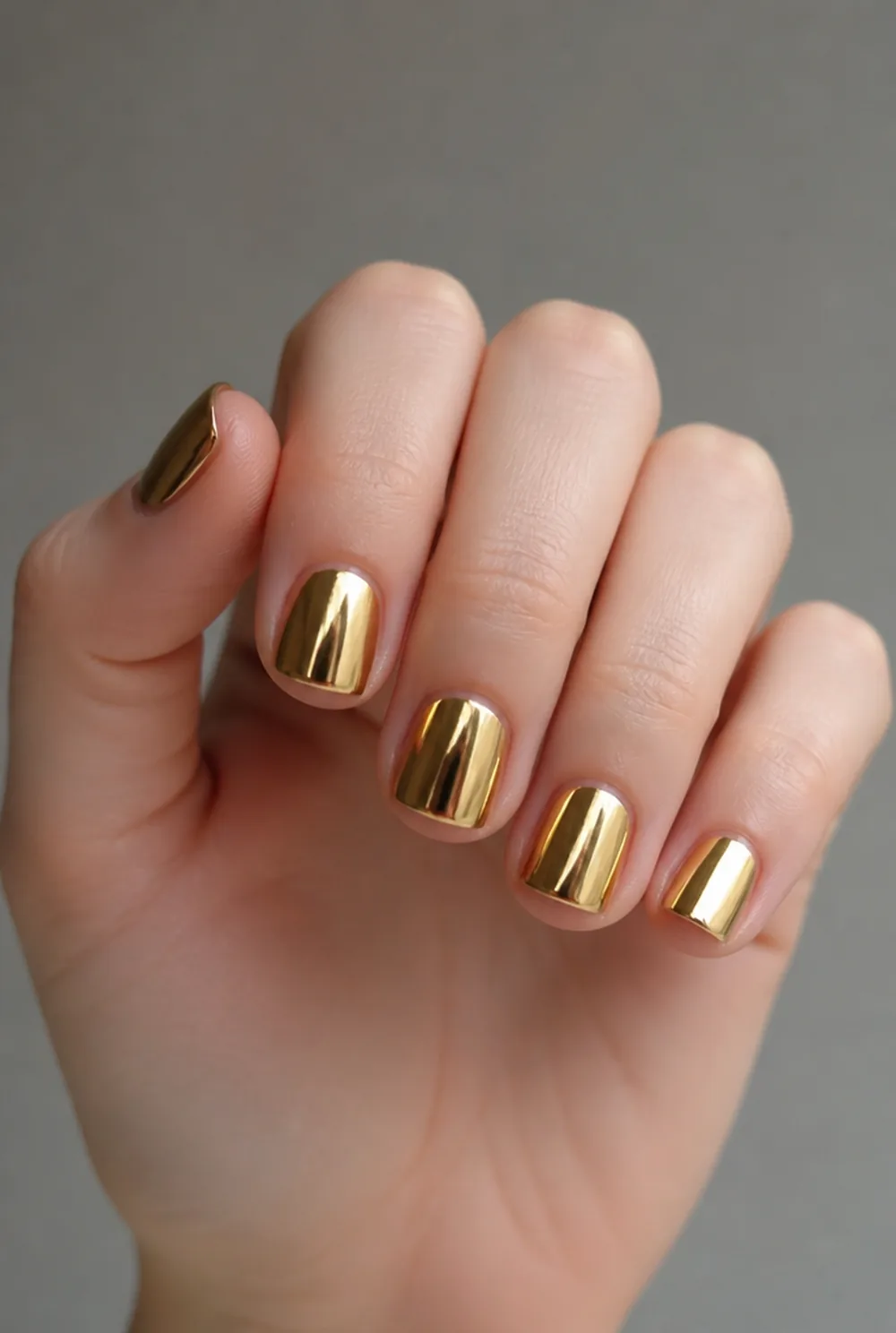 gold mirror chrome nail art on fair skin, short length
