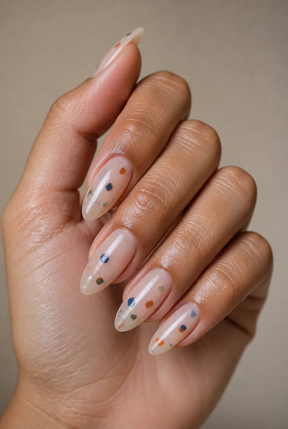 confetti nails nail art on olive skin, long length