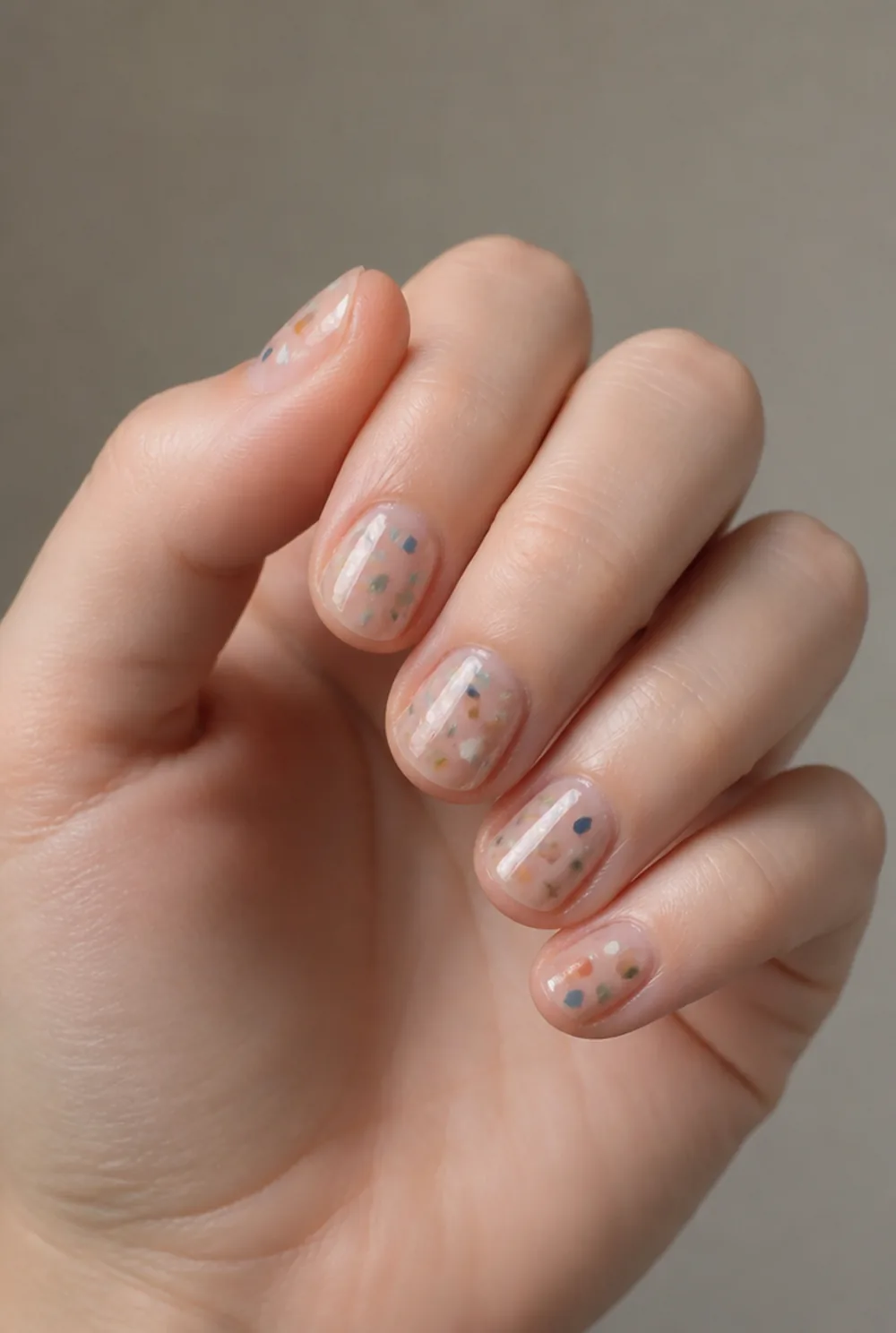 confetti nails nail art on fair skin, short length