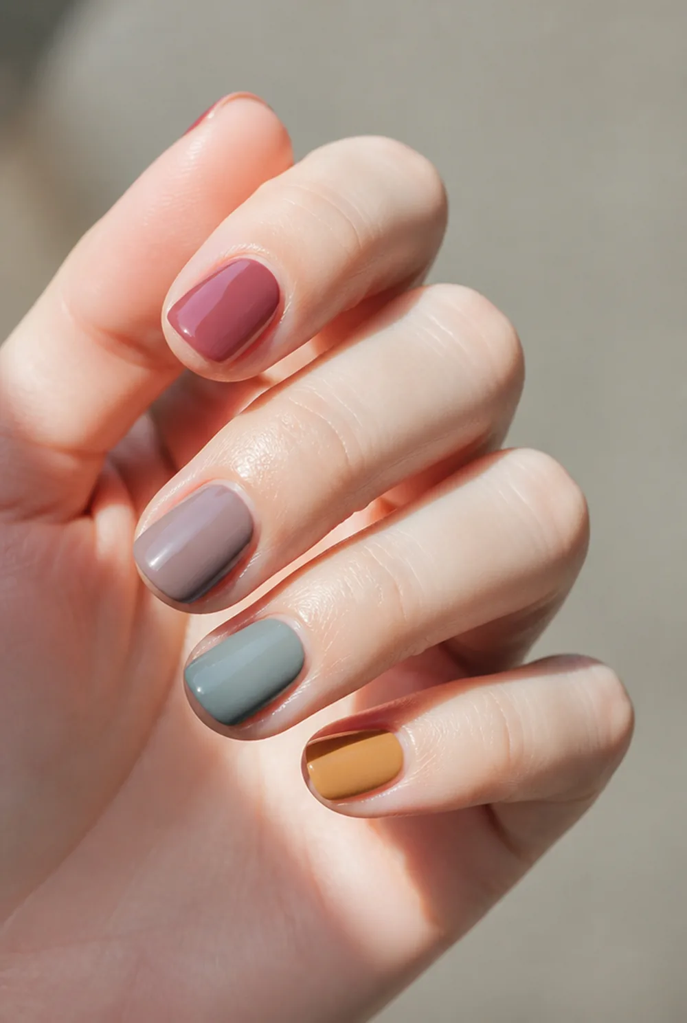 skittle set nail art on fair skin, short length